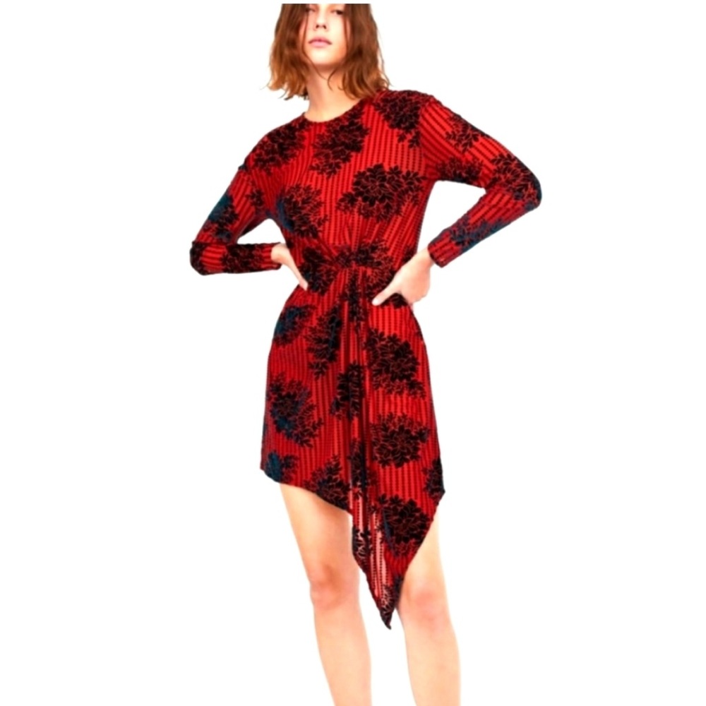 Zara Red asymmetrical long sleeve dress with black floral design Size Small